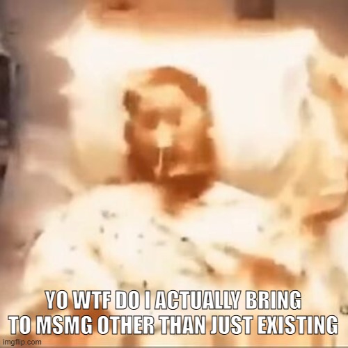 Markiplier on fire | YO WTF DO I ACTUALLY BRING TO MSMG OTHER THAN JUST EXISTING | image tagged in markiplier on fire | made w/ Imgflip meme maker