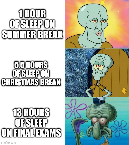 Who reads the titles? | 1 HOUR OF SLEEP ON SUMMER BREAK; 5.5 HOURS OF SLEEP ON CHRISTMAS BREAK; 13 HOURS OF SLEEP ON FINAL EXAMS | image tagged in handsome and ugly squidward extended version | made w/ Imgflip meme maker