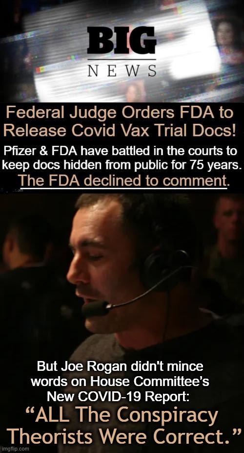 Stay tuned! The decision mandates FDA to release the EUA file for Pfizer injection NLT 6/30/2025. | ____________________; But Joe Rogan didn't mince 
words on House Committee’s 
New COVID-19 Report:; “ALL The Conspiracy 
Theorists Were Correct.” | image tagged in pfizer,fda,covid vaccine,joe rogan,accountability,deaths injuries medical malpractice | made w/ Imgflip meme maker