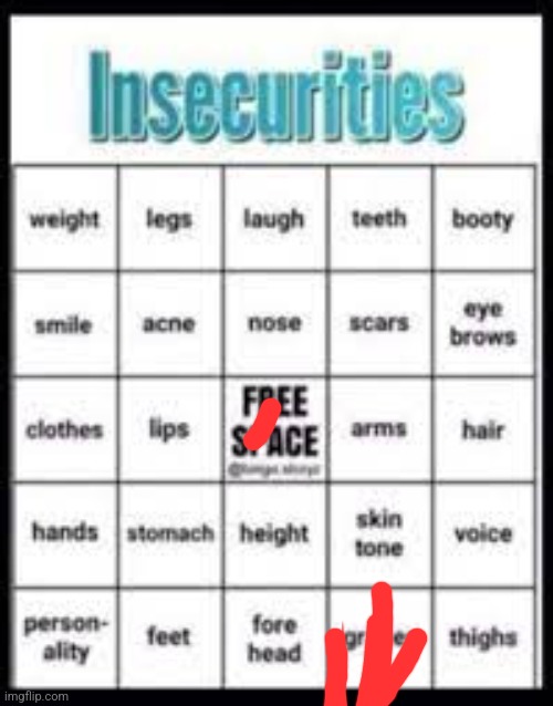 Why would i be insecure of my lips,ass and thighs thats retarded | image tagged in insecurities bingo | made w/ Imgflip meme maker