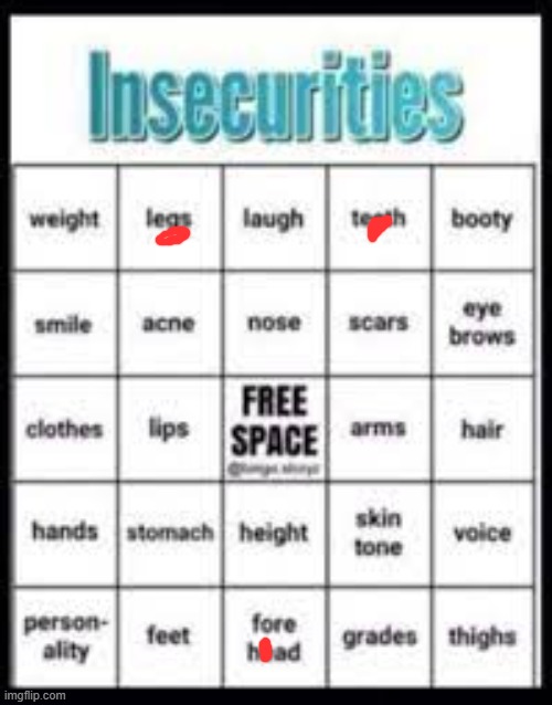 who's seriously gonna get a bingo on this bruh | image tagged in insecurities bingo | made w/ Imgflip meme maker