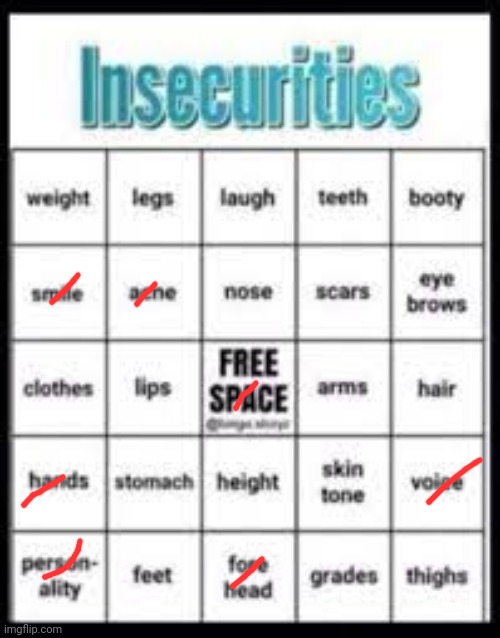 insecurities bingo | image tagged in insecurities bingo | made w/ Imgflip meme maker