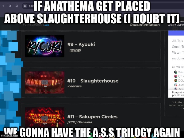 I srly doubt it would get placed at #9 | IF ANATHEMA GET PLACED ABOVE SLAUGHTERHOUSE (I DOUBT IT); WE GONNA HAVE THE A.S.S TRILOGY AGAIN | image tagged in gd,demonlist | made w/ Imgflip meme maker