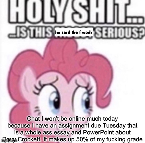 Reaction image ig | Chat I won’t be online much today because I have an assignment due Tuesday that is a whole ass essay and PowerPoint about Davy Crockett. It makes up 50% of my fucking grade | image tagged in reaction image ig | made w/ Imgflip meme maker