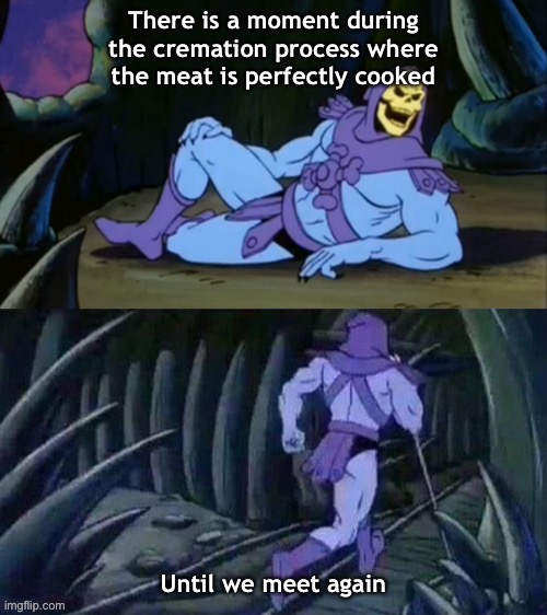 Cooked meat? | There is a moment during the cremation process where the meat is perfectly cooked; Until we meet again | image tagged in skeletor disturbing facts | made w/ Imgflip meme maker
