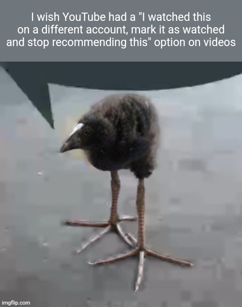 Wah wah wah wah wah wah wah wah | I wish YouTube had a "I watched this on a different account, mark it as watched and stop recommending this" option on videos | image tagged in wah wah wah wah wah wah wah wah | made w/ Imgflip meme maker