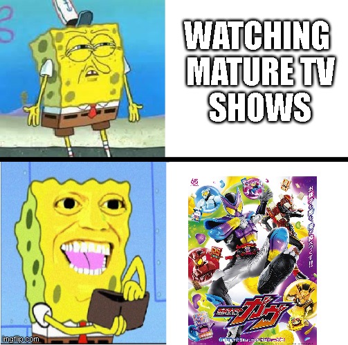 tokusatsu fans in their natural habitat | WATCHING 
MATURE TV
SHOWS | image tagged in spongebob money meme,kamen rider,memes | made w/ Imgflip meme maker