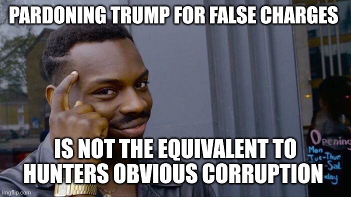 Its not anywhere near justice | PARDONING TRUMP FOR FALSE CHARGES; IS NOT THE EQUIVALENT TO HUNTERS OBVIOUS CORRUPTION | image tagged in memes,roll safe think about it | made w/ Imgflip meme maker