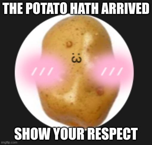 it is here | THE POTATO HATH ARRIVED; SHOW YOUR RESPECT | image tagged in fun,potato,blushing,vegetables | made w/ Imgflip meme maker