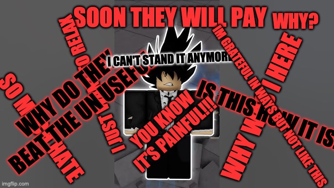 Weakest Dummys Reasons | SOON THEY WILL PAY; WHY? I CAN'T STAND IT ANYMORE; I JUST WANT TO RELAX; WHY WAS I HERE; WHY DO THEY BEAT THE UN USEFUL; IS THIS HOW IT IS? IM GRATEFUL IN WAYS BUT NOT LIKE THIS; YOU KNOW IT'S PAINFUL!!! SO MUCH HATE | image tagged in roblox meme | made w/ Imgflip meme maker
