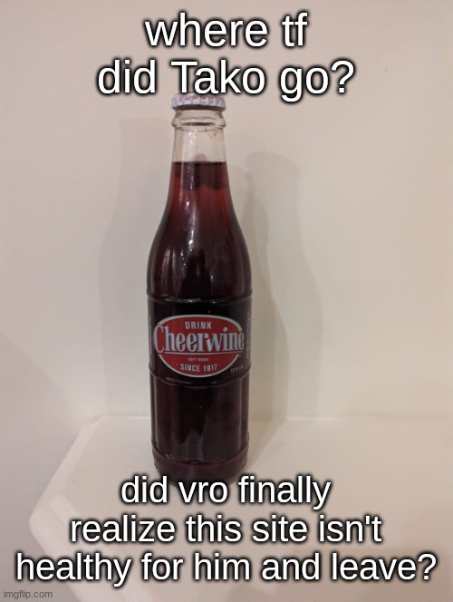 Cheerwine | where tf did Tako go? did vro finally realize this site isn't healthy for him and leave? | image tagged in cheerwine | made w/ Imgflip meme maker