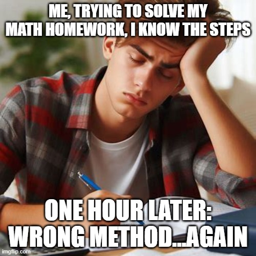 Old Methods, New Problems | ME, TRYING TO SOLVE MY MATH HOMEWORK, I KNOW THE STEPS; ONE HOUR LATER:
WRONG METHOD...AGAIN | made w/ Imgflip meme maker