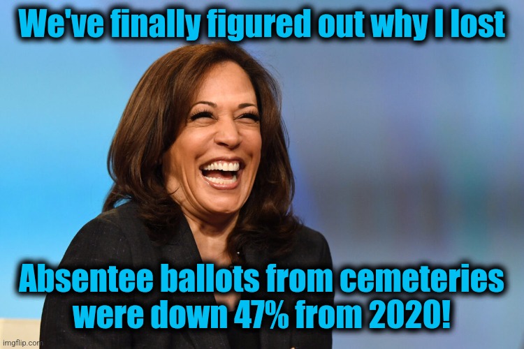 Kamala Harris laughing | We've finally figured out why I lost; Absentee ballots from cemeteries
were down 47% from 2020! | image tagged in kamala harris laughing,democrats,memes,cemetery,election 2024,absentee ballots | made w/ Imgflip meme maker