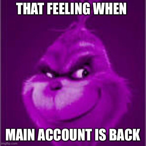 purple grinch | THAT FEELING WHEN; MAIN ACCOUNT IS BACK | image tagged in purple grinch | made w/ Imgflip meme maker