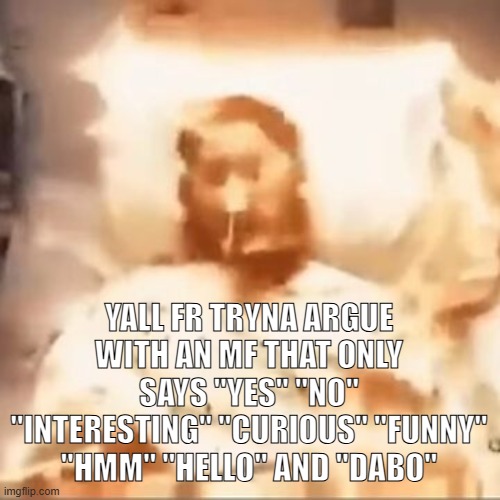 Markiplier on fire | YALL FR TRYNA ARGUE WITH AN MF THAT ONLY SAYS "YES" "NO" "INTERESTING" "CURIOUS" "FUNNY" "HMM" "HELLO" AND "DABO" | image tagged in markiplier on fire | made w/ Imgflip meme maker