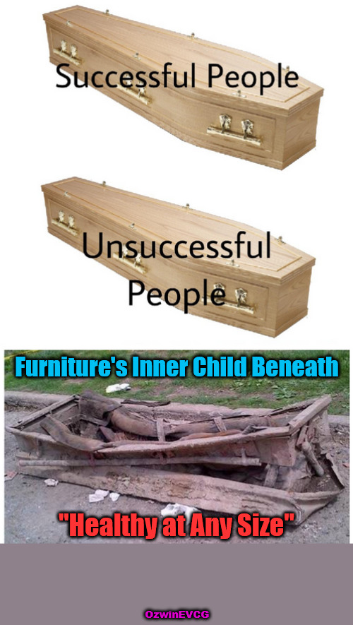 Bargains Through Basements | Furniture's Inner Child Beneath; "Healthy at Any Size"; OzwinEVCG | image tagged in coffin meme,social commentary,sad but true,political humor,fat shame,deep inside | made w/ Imgflip meme maker