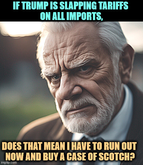 IF TRUMP IS SLAPPING TARIFFS 
ON ALL IMPORTS, DOES THAT MEAN I HAVE TO RUN OUT 
NOW AND BUY A CASE OF SCOTCH? | image tagged in trump,tariffs,liquor,whiskey | made w/ Imgflip meme maker