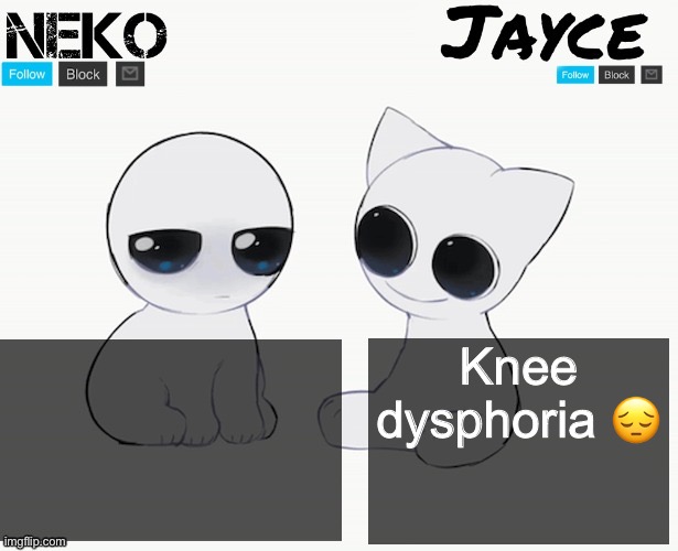 Being silly btw | Knee dysphoria 😔 | image tagged in neko and jayce shared temp | made w/ Imgflip meme maker