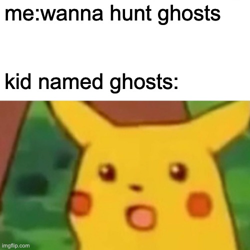 Surprised Pikachu | me:wanna hunt ghosts; kid named ghosts: | image tagged in memes,surprised pikachu | made w/ Imgflip meme maker