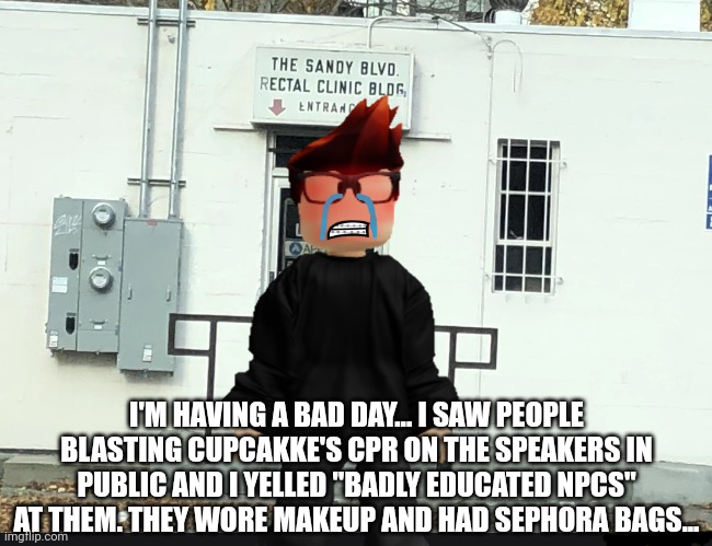 MC's having a terrible day... | I'M HAVING A BAD DAY... I SAW PEOPLE BLASTING CUPCAKKE'S CPR ON THE SPEAKERS IN PUBLIC AND I YELLED "BADLY EDUCATED NPCS" AT THEM. THEY WORE MAKEUP AND HAD SEPHORA BAGS... | image tagged in mc,preppy,memes,bad day | made w/ Imgflip meme maker