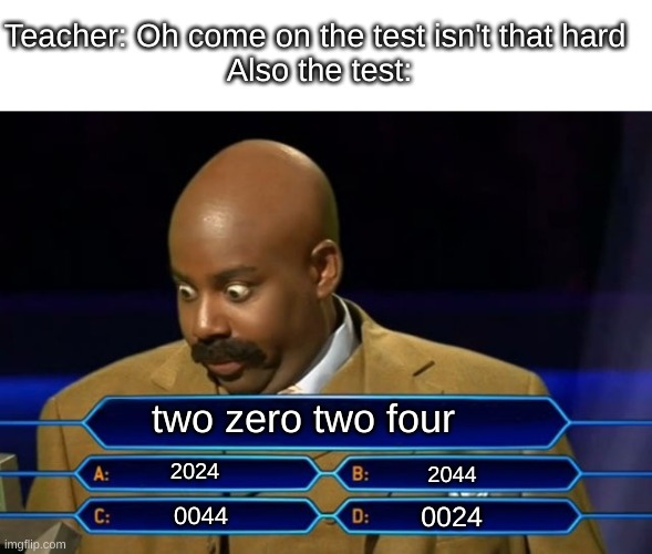 fym you mean I'm confused | Teacher: Oh come on the test isn't that hard 
Also the test:; two zero two four; 2024; 2044; 0024; 0044 | image tagged in who wants to be a millionaire | made w/ Imgflip meme maker