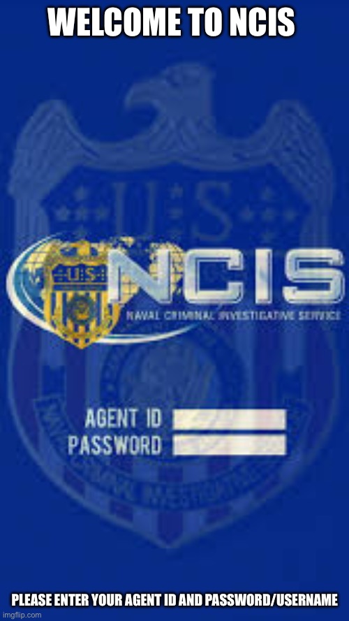 ncis | WELCOME TO NCIS; PLEASE ENTER YOUR AGENT ID AND PASSWORD/USERNAME | image tagged in ncis | made w/ Imgflip meme maker