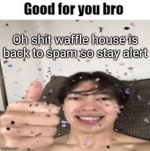 Good for you bro (Iraqi_Randomizer temp) | Oh shit waffle house is back to spam so stay alert | image tagged in good for you bro iraqi_randomizer temp | made w/ Imgflip meme maker