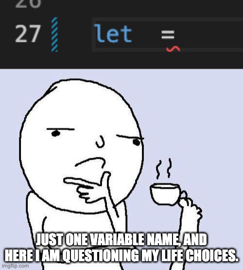 JUST ONE VARIABLE NAME, AND HERE I AM QUESTIONING MY LIFE CHOICES. | image tagged in thinking meme | made w/ Imgflip meme maker