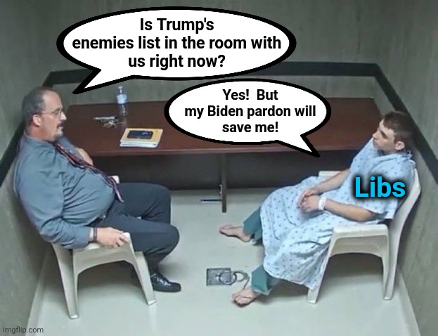 Is Trump's enemies list in the room with us right now? | Is Trump's
enemies list in the room with
us right now? Yes!  But
my Biden pardon will
save me! Libs | image tagged in are they in the room with us right now,trump derangement syndrome,democrats,enemies list,pardon,insanity | made w/ Imgflip meme maker