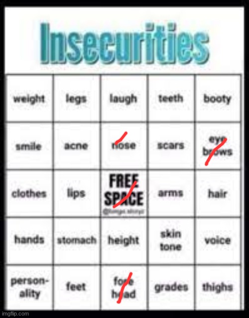 fucking sure lmao | image tagged in insecurities bingo | made w/ Imgflip meme maker