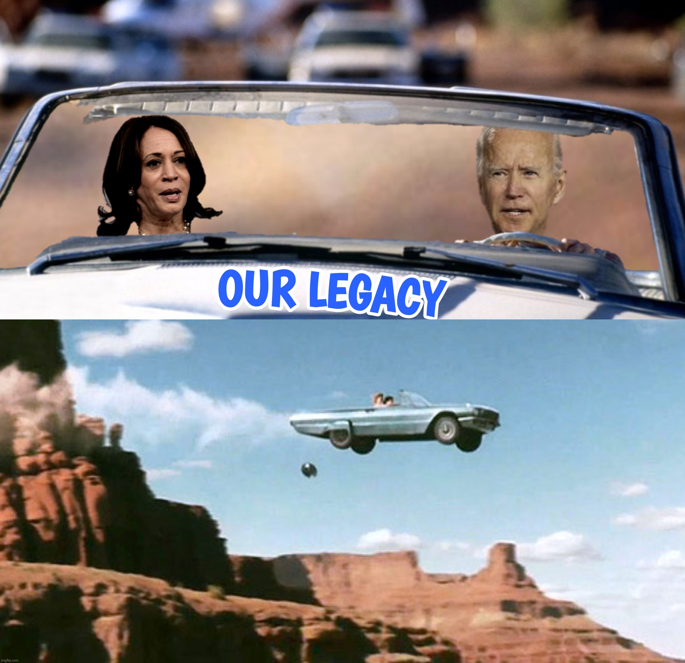 Bad Photoshop Sunday presents:  The End Of The Line | image tagged in bad photoshop sunday,joe biden,kamala harris,thelma and louise | made w/ Imgflip meme maker