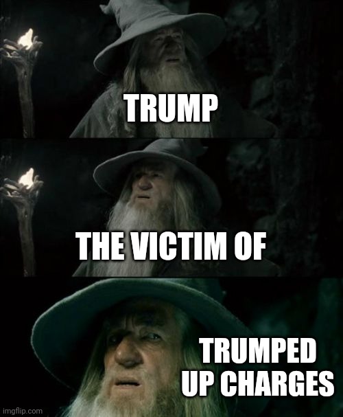 Confused Gandalf Meme | TRUMP THE VICTIM OF TRUMPED UP CHARGES | image tagged in memes,confused gandalf | made w/ Imgflip meme maker