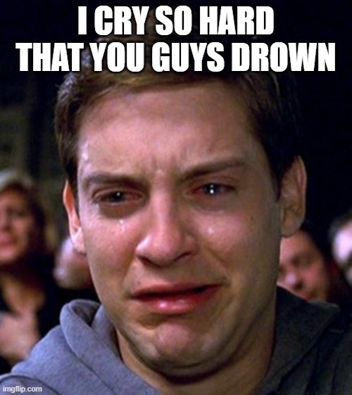 crying peter parker | I CRY SO HARD THAT YOU GUYS DROWN | image tagged in crying peter parker | made w/ Imgflip meme maker