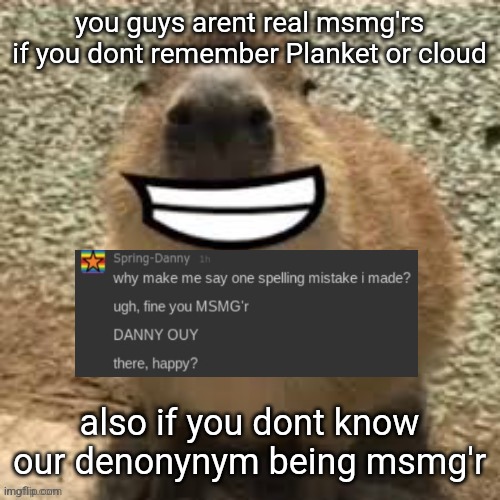 goofy ass capybara | you guys arent real msmg'rs if you dont remember Planket or cloud; also if you dont know our denonynym being msmg'r | image tagged in goofy ass capybara | made w/ Imgflip meme maker