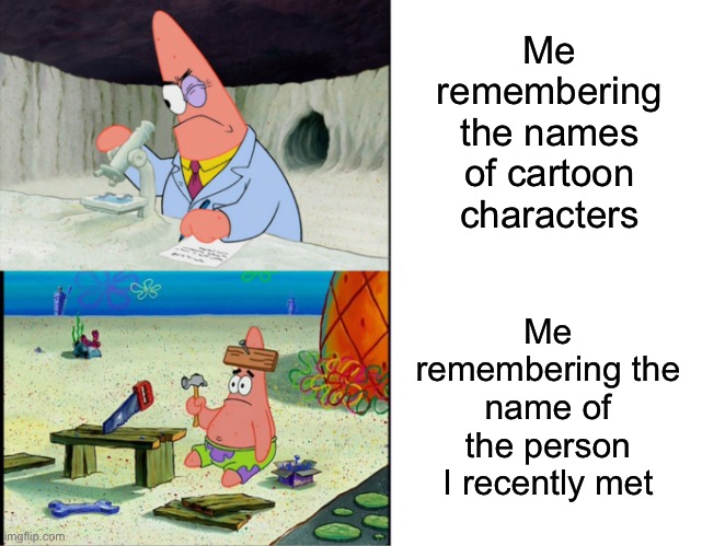 Who are you again? | Me remembering the names of cartoon characters; Me remembering the name of the person I recently met | image tagged in scientist patrick,memes | made w/ Imgflip meme maker