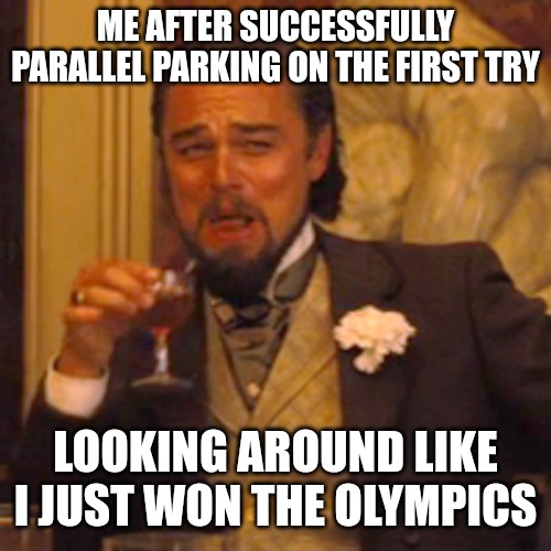 A great victory | ME AFTER SUCCESSFULLY PARALLEL PARKING ON THE FIRST TRY; LOOKING AROUND LIKE I JUST WON THE OLYMPICS | image tagged in memes,laughing leo,funny,fun | made w/ Imgflip meme maker