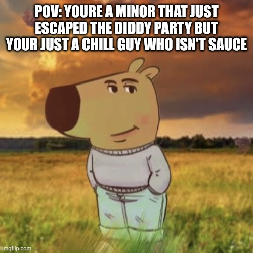 Chill guy | POV: YOU'RE A MINOR THAT JUST ESCAPED THE DIDDY PARTY BUT YOUR JUST A CHILL GUY WHO ISN'T SAUCE | image tagged in chill guy | made w/ Imgflip meme maker