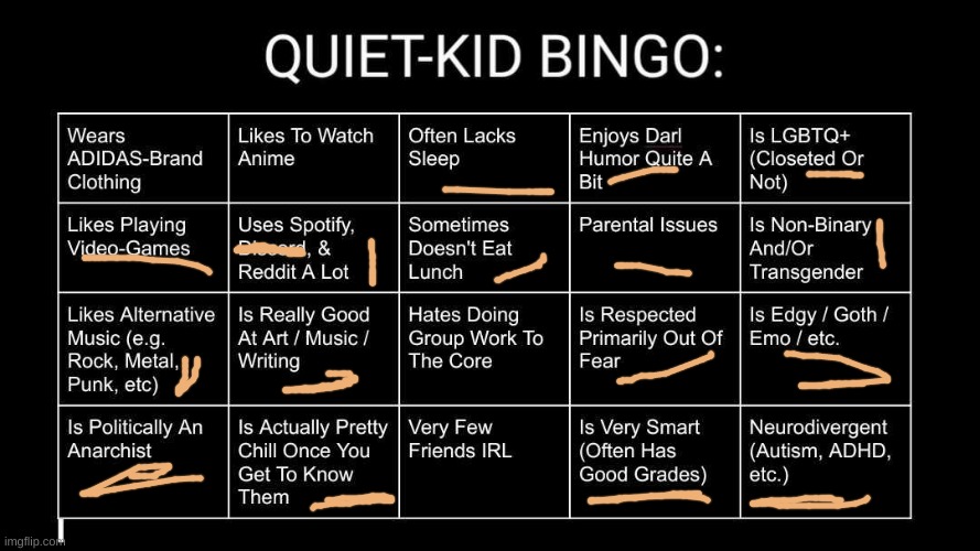 Quiet Kid Bingo | image tagged in quiet kid bingo | made w/ Imgflip meme maker