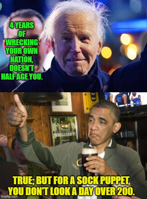 Of course Barack himself no longer looks much like a spring chicken any more either. | 4 YEARS OF WRECKING YOUR OWN NATION, DOESN'T HALF AGE YOU. TRUE; BUT FOR A SOCK PUPPET, YOU DON'T LOOK A DAY OVER 200. | image tagged in yep | made w/ Imgflip meme maker