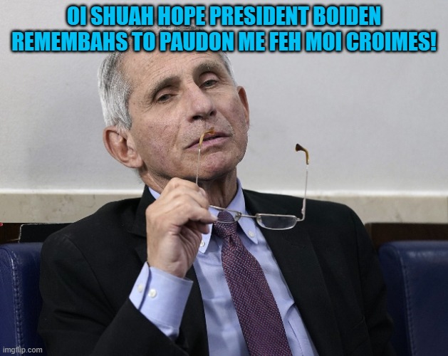 Oi did naut fund gain-of-function resoych! Leave me alone Senatah Puol! | OI SHUAH HOPE PRESIDENT BOIDEN REMEMBAHS TO PAUDON ME FEH MOI CROIMES! | image tagged in dr fauci,memes,biden,crime,health,covid | made w/ Imgflip meme maker