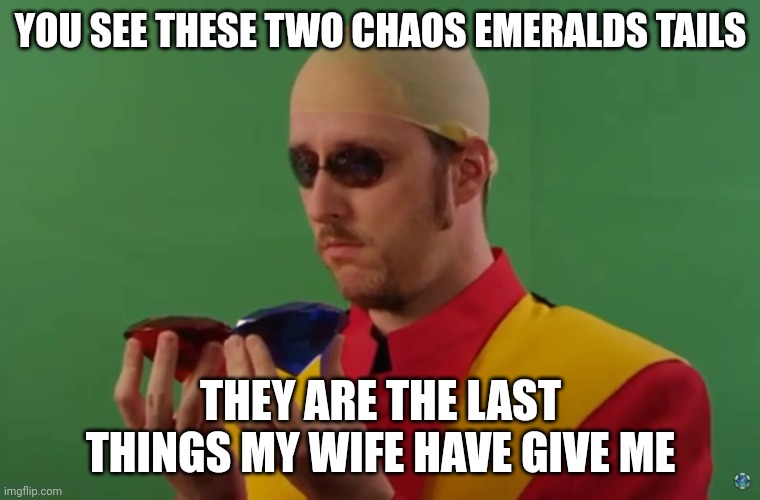 I miss my wife | YOU SEE THESE TWO CHAOS EMERALDS TAILS; THEY ARE THE LAST THINGS MY WIFE HAVE GIVE ME | image tagged in nc eggman | made w/ Imgflip meme maker