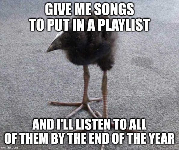 nothing mid | GIVE ME SONGS TO PUT IN A PLAYLIST; AND I'LL LISTEN TO ALL OF THEM BY THE END OF THE YEAR | made w/ Imgflip meme maker