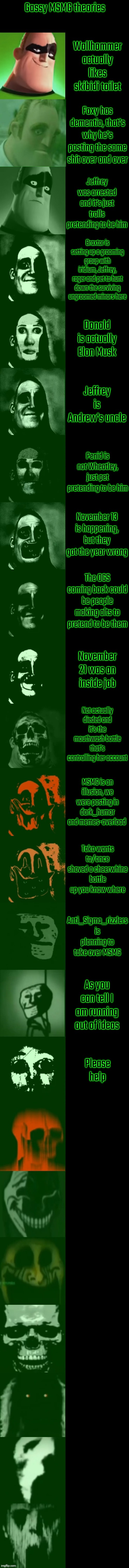 These theories needs a hero! | Gassy MSMG theories; Wallhammer actually likes skibidi toilet; Foxy has dementia, that's why he's posting the same shit over and over; Jeffrey was arrested and it's just trolls pretending to be him; Braxtor is setting up a grooming group with iridium, Jeffrey, rager and pet to hunt down the surviving ungroomed minors here; Donald is actually Elon Musk; Jeffrey is Andrew's uncle; Penid is not Wheatley, just pet pretending to be him; November 13 is happening, but they got the year wrong; The OGS coming back could be people making alts to pretend to be them; November 21 was an inside job; Nat actually dieded and it's the mouthwash bottle that's controlling her account; MSMG is an illusion, we were posting in dark_humor and memes-overload; Tako wants to/once shoved a cheerwhine bottle up you know where; Anti_Sigma_rizzlers is planning to take over MSMG; As you can tell I am running out of ideas; Please help | image tagged in incredible gassy becoming uncanny | made w/ Imgflip meme maker