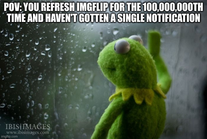 Image title | POV: YOU REFRESH IMGFLIP FOR THE 100,000,000TH TIME AND HAVEN'T GOTTEN A SINGLE NOTIFICATION | image tagged in kermit window | made w/ Imgflip meme maker