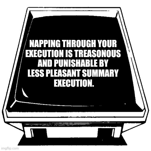 The Computer says. | NAPPING THROUGH YOUR 
EXECUTION IS TREASONOUS 
AND PUNISHABLE BY 
LESS PLEASANT SUMMARY 
EXECUTION. | image tagged in the computer says | made w/ Imgflip meme maker