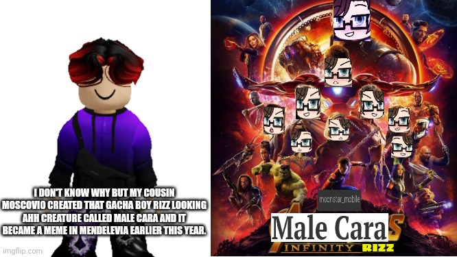 William already knew that MC made a Gacha rizz boy called Male Cara... And it was a meme between January-May 2024. | I DON'T KNOW WHY BUT MY COUSIN MOSCOVIO CREATED THAT GACHA BOY RIZZ LOOKING AHH CREATURE CALLED MALE CARA AND IT BECAME A MEME IN MENDELEVIA EARLIER THIS YEAR. RIZZ | image tagged in mc,male cara,william,memes,parody | made w/ Imgflip meme maker