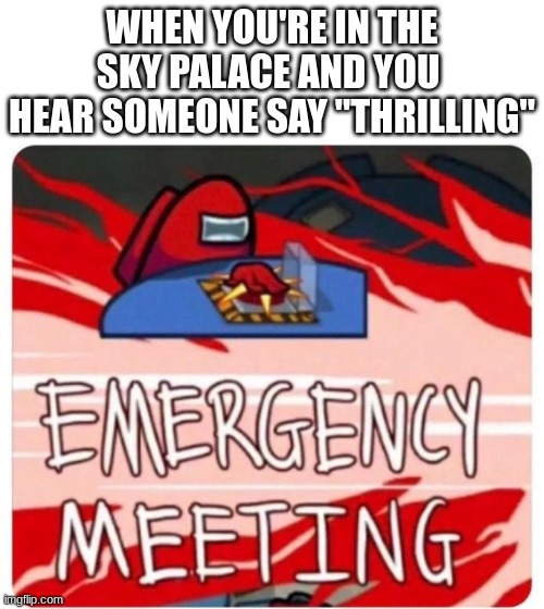 Uh oh | WHEN YOU'RE IN THE SKY PALACE AND YOU  HEAR SOMEONE SAY "THRILLING" | image tagged in emergency meeting among us | made w/ Imgflip meme maker