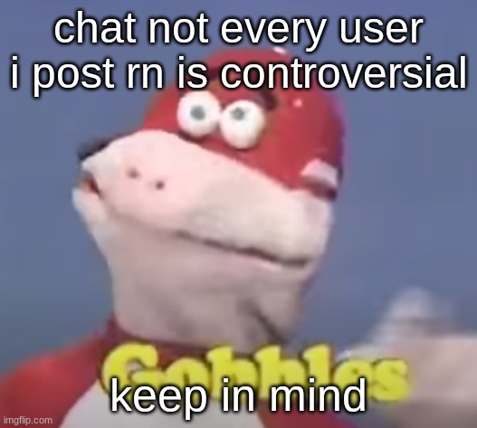 gobbles | chat not every user i post rn is controversial; keep in mind | image tagged in gobbles | made w/ Imgflip meme maker