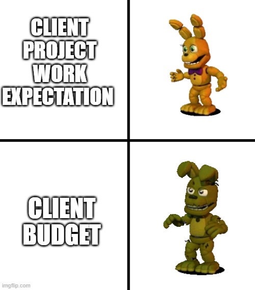 Expectations vs Reality (FNaF World Edit) | CLIENT PROJECT WORK EXPECTATION; CLIENT BUDGET | image tagged in expectations vs reality fnaf world edit | made w/ Imgflip meme maker