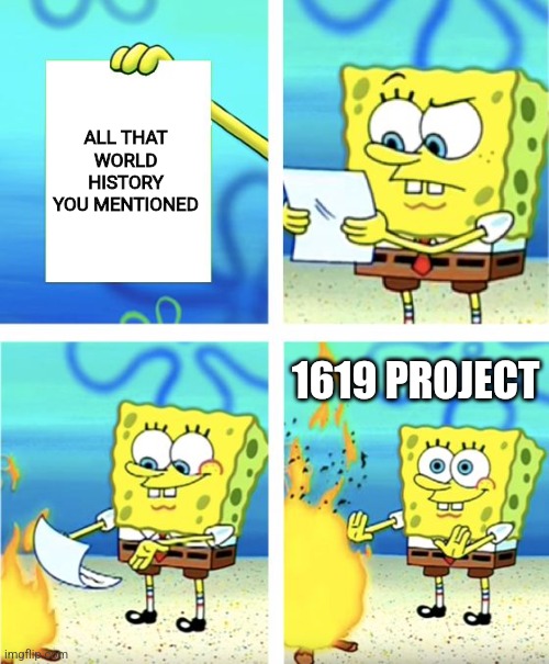 Spongebob Burning Paper | ALL THAT WORLD HISTORY YOU MENTIONED 1619 PROJECT | image tagged in spongebob burning paper | made w/ Imgflip meme maker